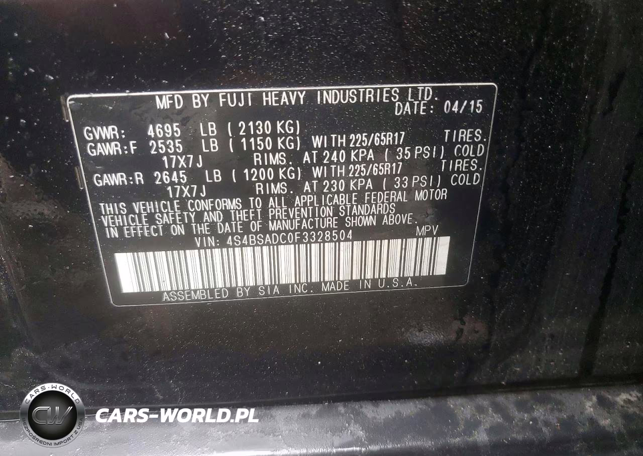 2015 Subaru Outback 2.5I Premium VIN:4S4BSADC0F3328504 - 13