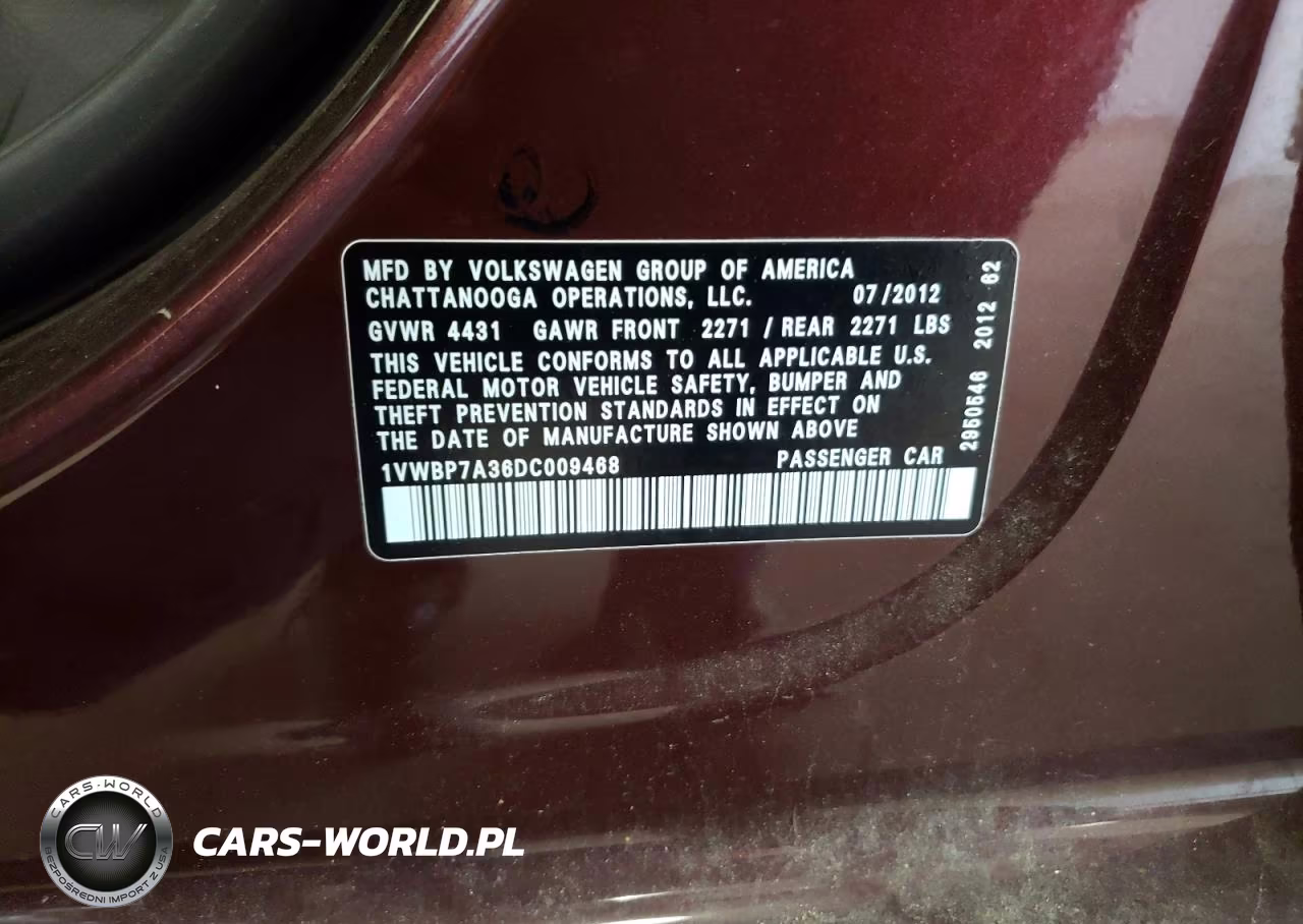 2013 Volkswagen Passat VIN:1VWBP7A36DC009468 - 12