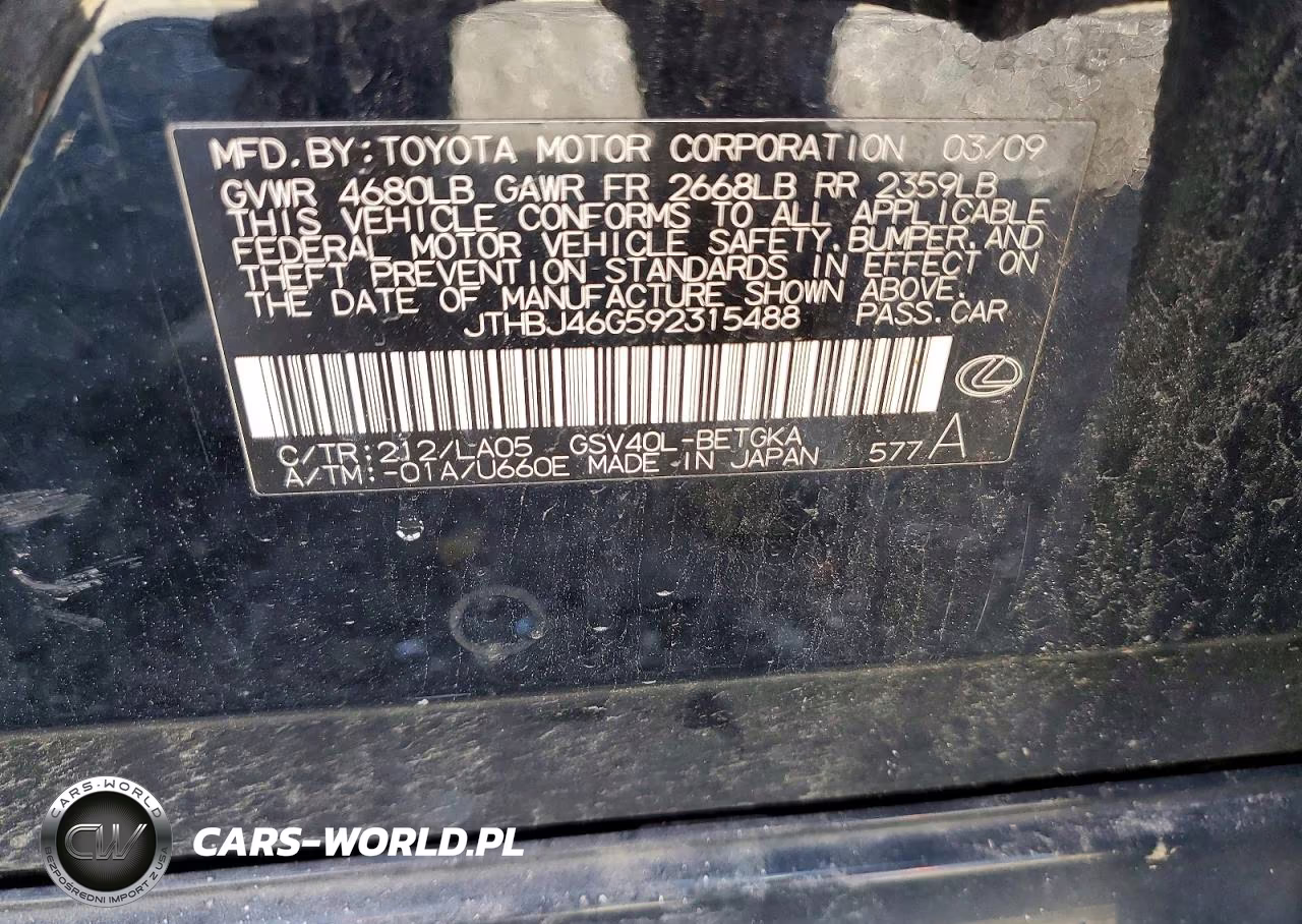 2009 Lexus Es 350 VIN:JTHBJ46G592315488 - 12