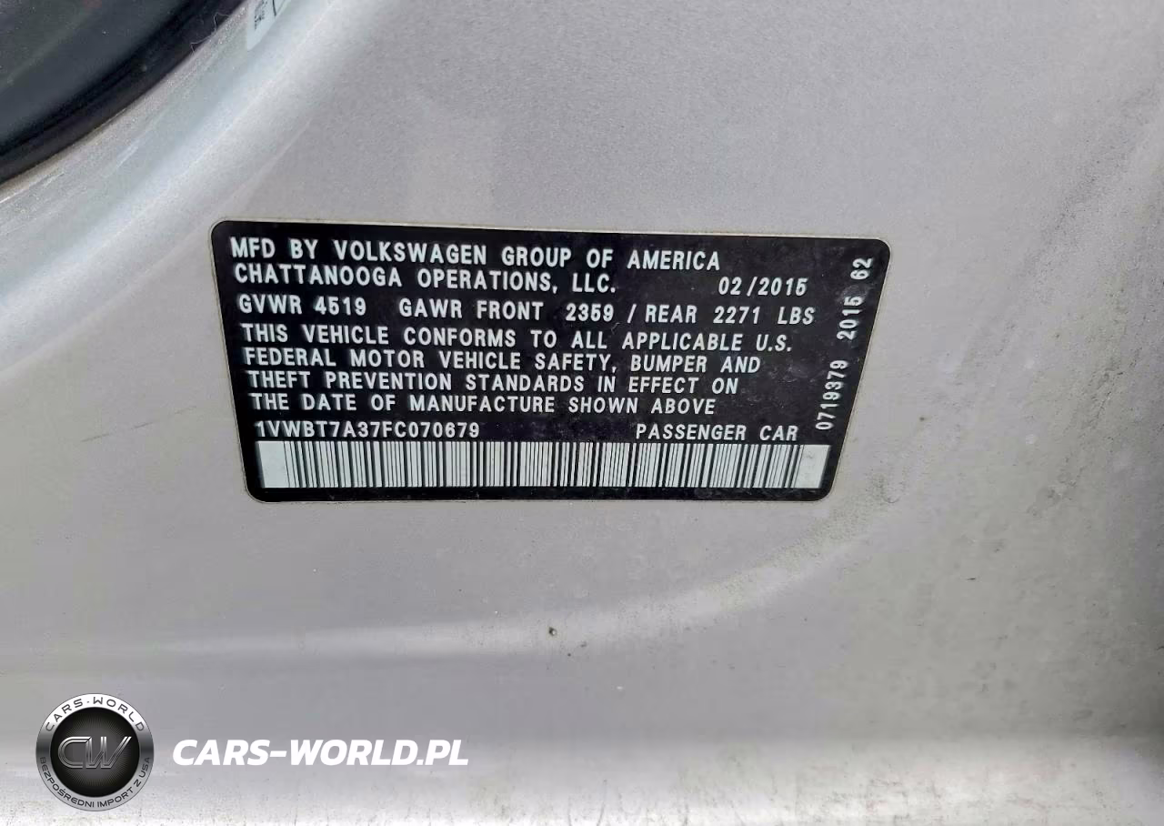 2015 Volkswagen Passat Se VIN:1VWBT7A37FC070679 - 12