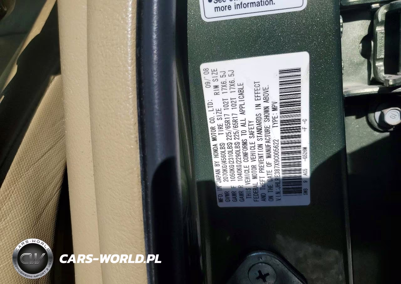 2009 Honda Cr-V Exl VIN:JHLRE387X9C005622 - 13