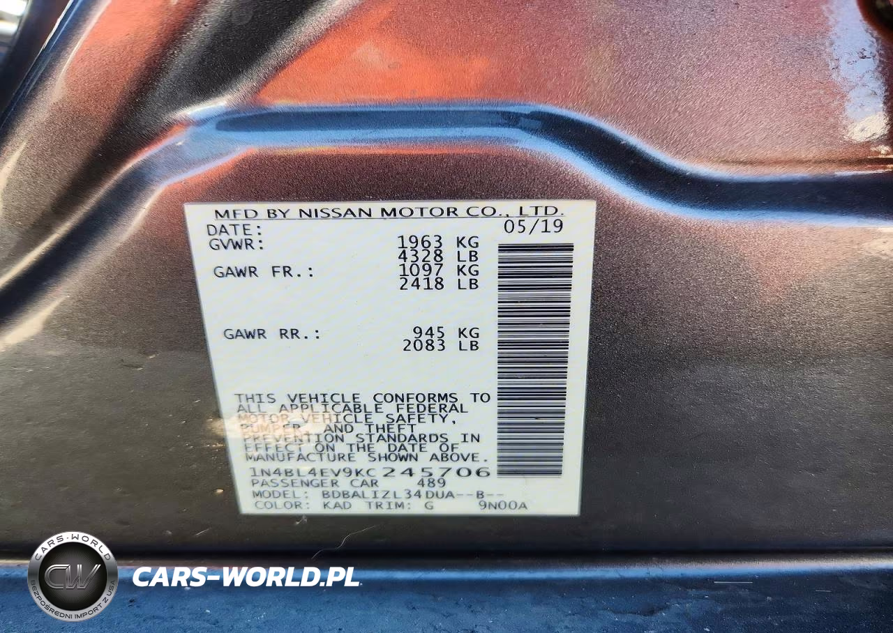 2019 Nissan Altima Sl VIN:1N4BL4EV9KC245706 - 12