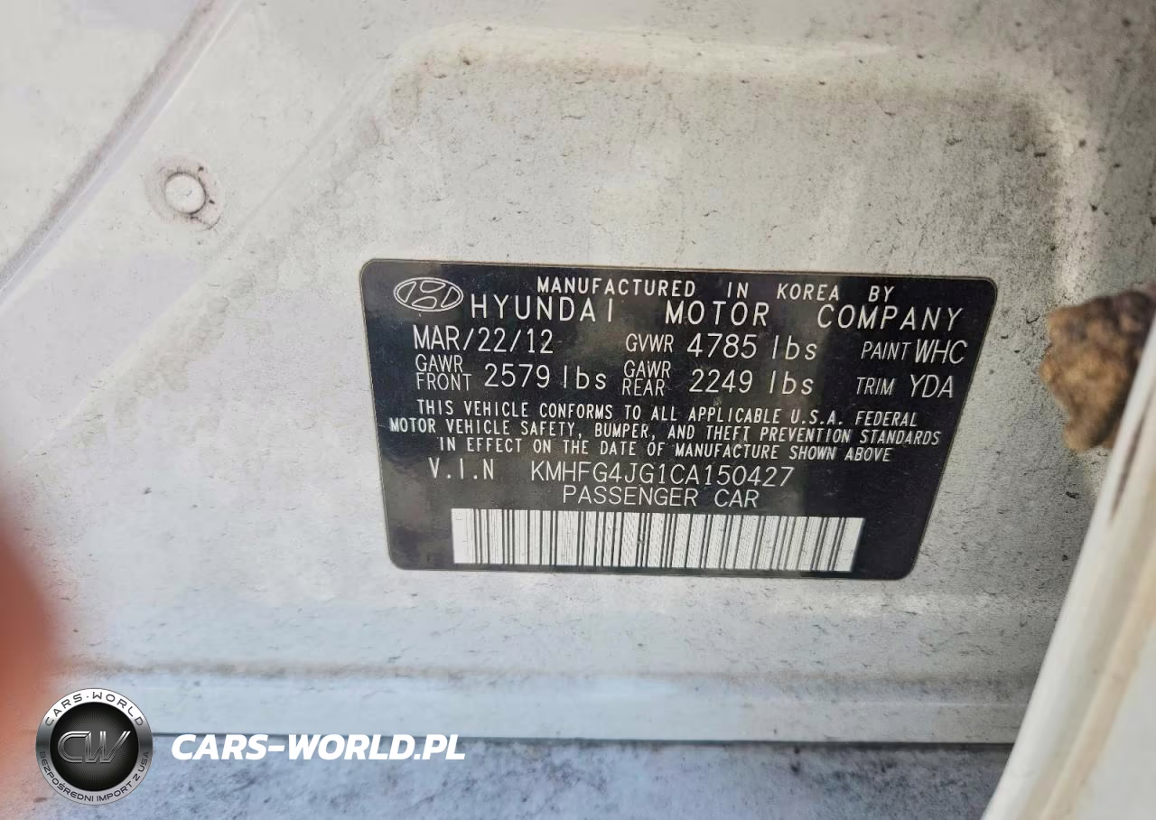 2012 Hyundai Azera Base VIN:KMHFG4JG1CA150427 - 12