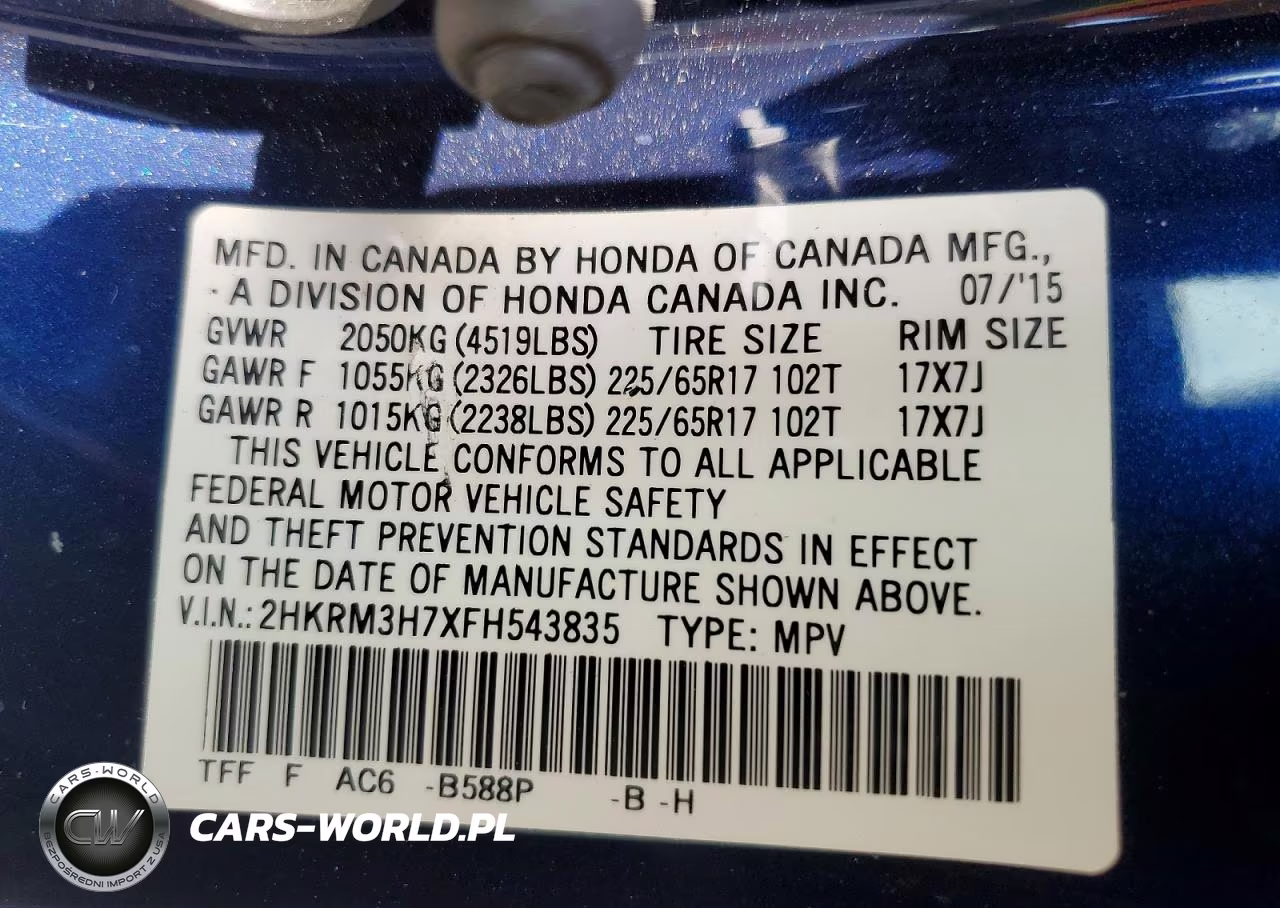 2015 Honda Cr-V Exl VIN:2HKRM3H7XFH543835 - 14