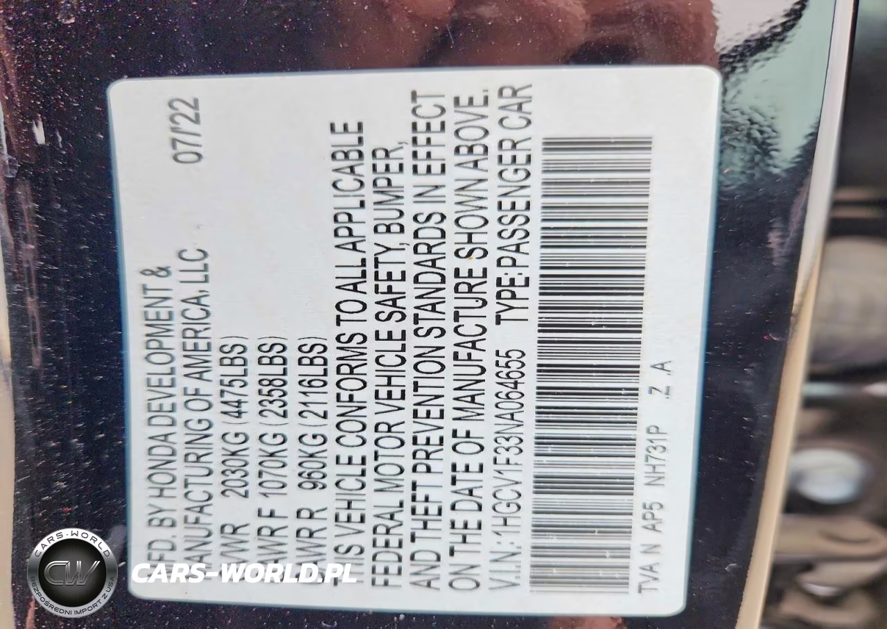 2022 Honda Accord Sport VIN:1HGCV1F33NA064655 - 13