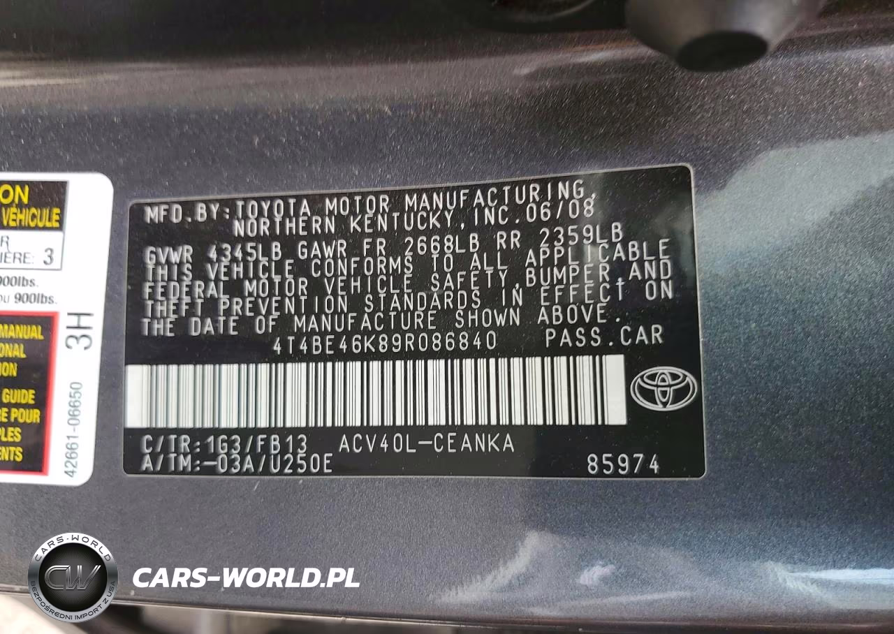 2009 Toyota Camry Le VIN:4T4BE46K89R086840 - 12