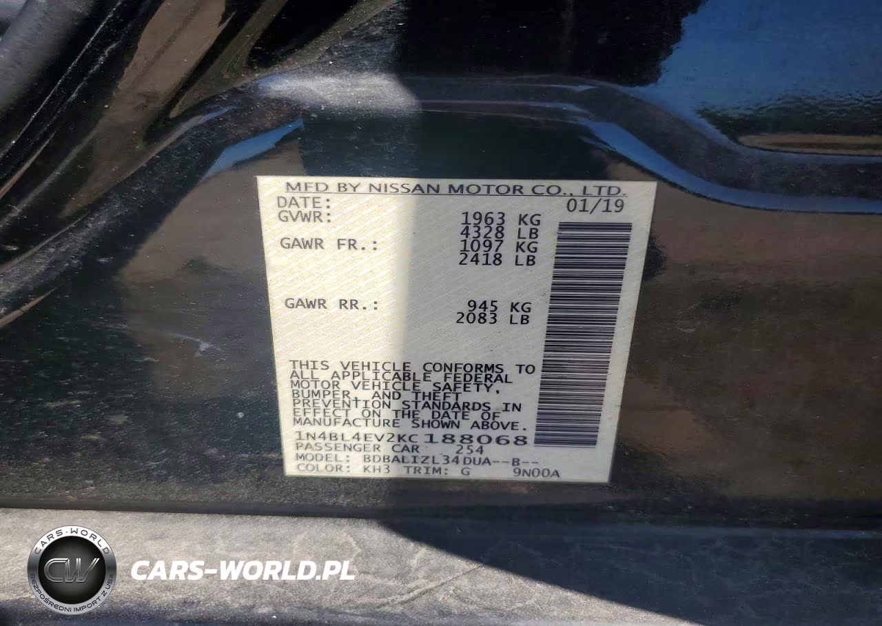 2019 Nissan Altima Sl VIN:1N4BL4EV2KC188068 - 12