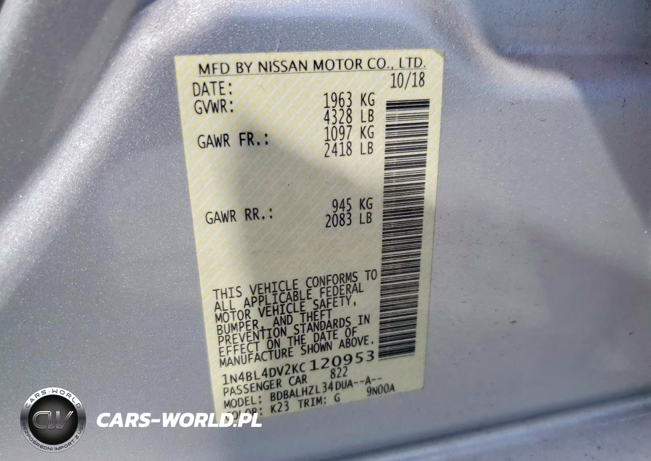2019 Nissan Altima Sv VIN:1N4BL4DV2KC120953 - 12