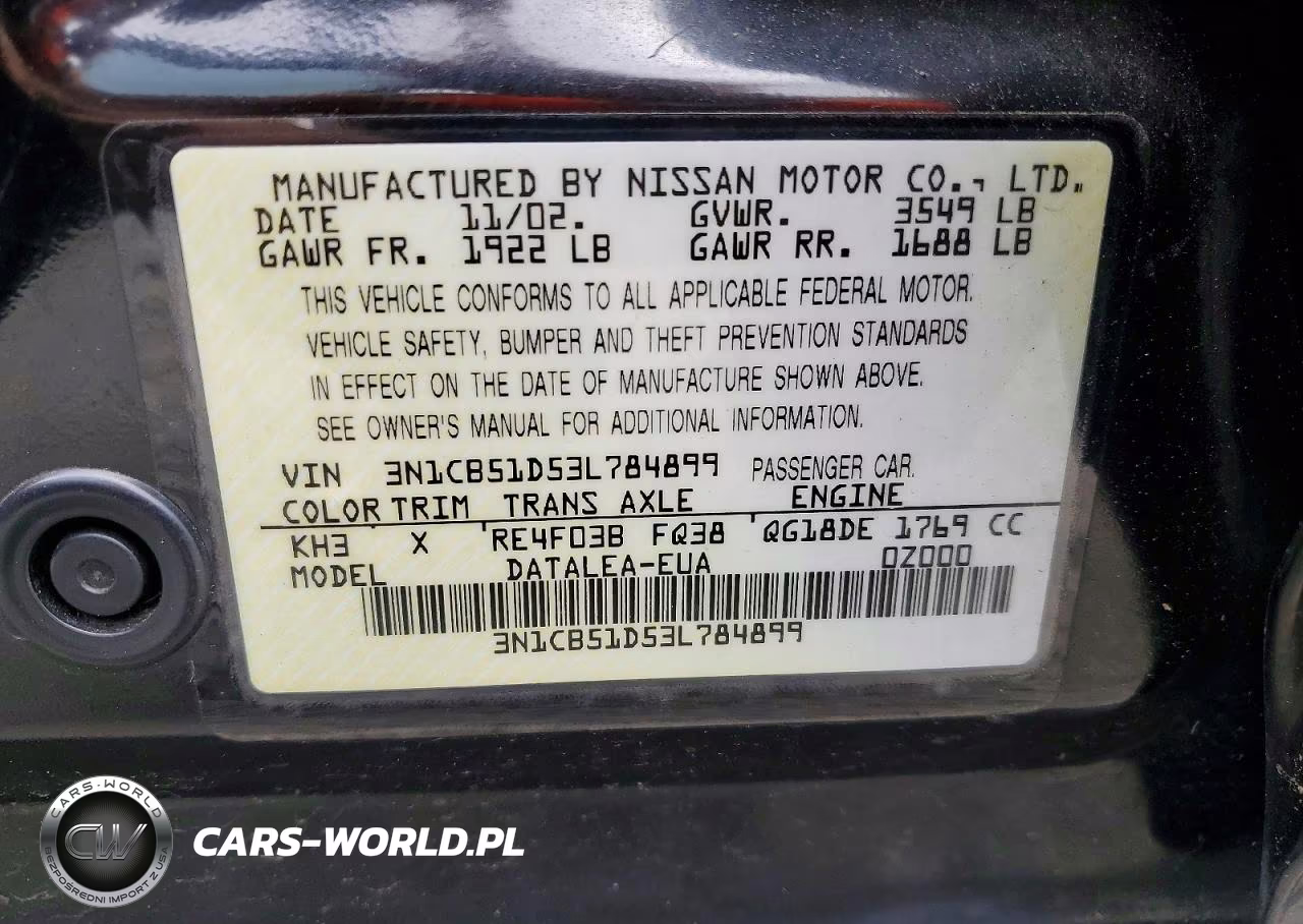 2003 Nissan Sentra Xe VIN:3N1CB51D53L784899 - 12