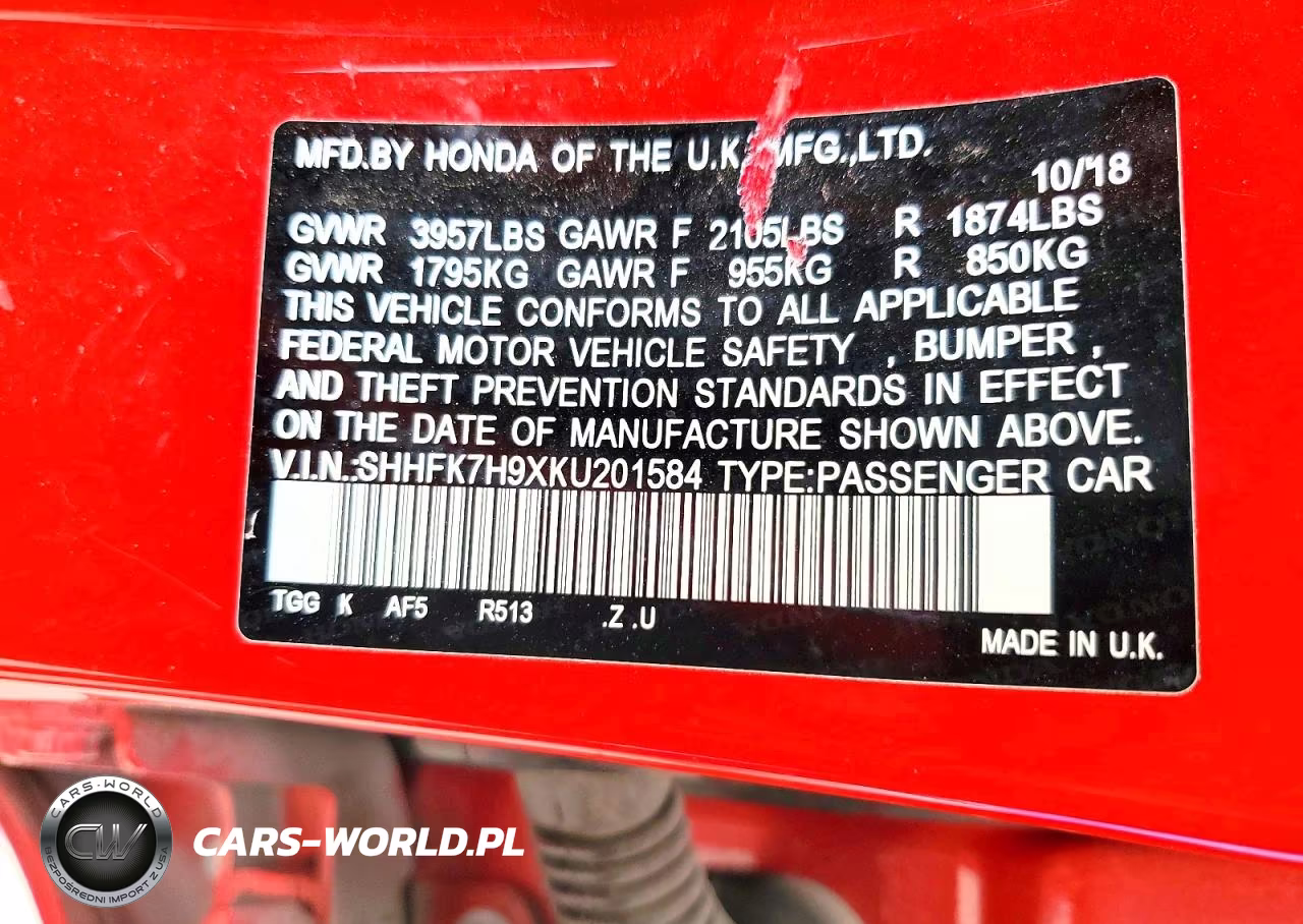 2019 Honda Civic Sport Touring VIN:SHHFK7H9XKU201584 - 12