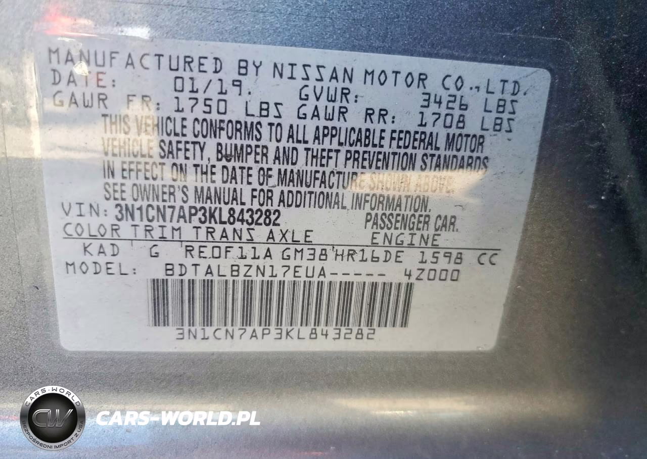 2019 Nissan Versa Sv VIN:3N1CN7AP3KL843282 - 12