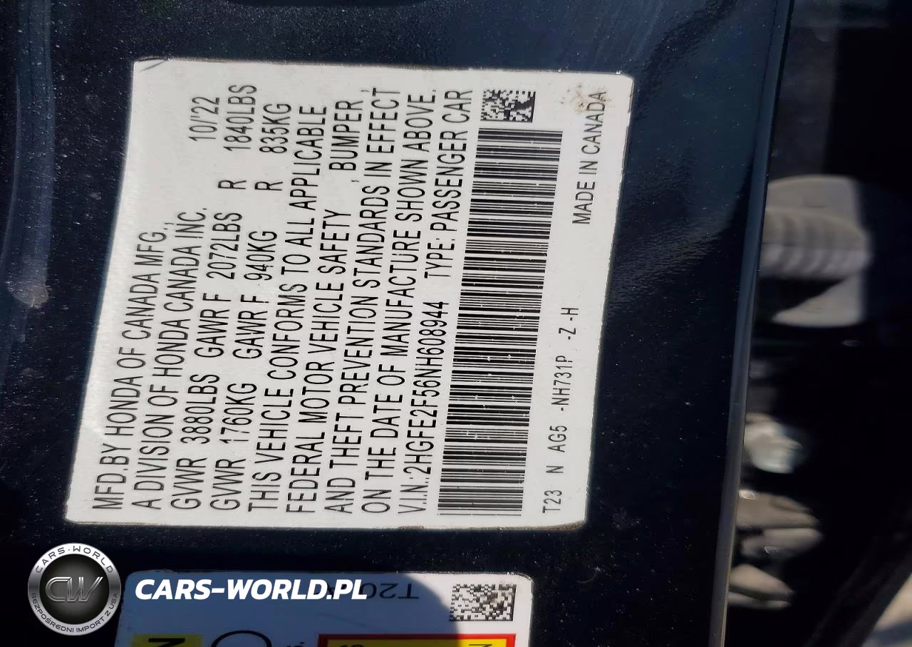 2022 Honda Civic Sport VIN:2HGFE2F56NH608944 - 12