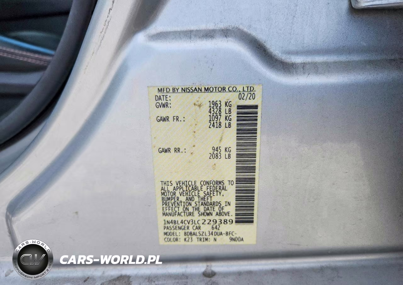 2020 Nissan Altima Sr VIN:1N4BL4CV3LC229389 - 12