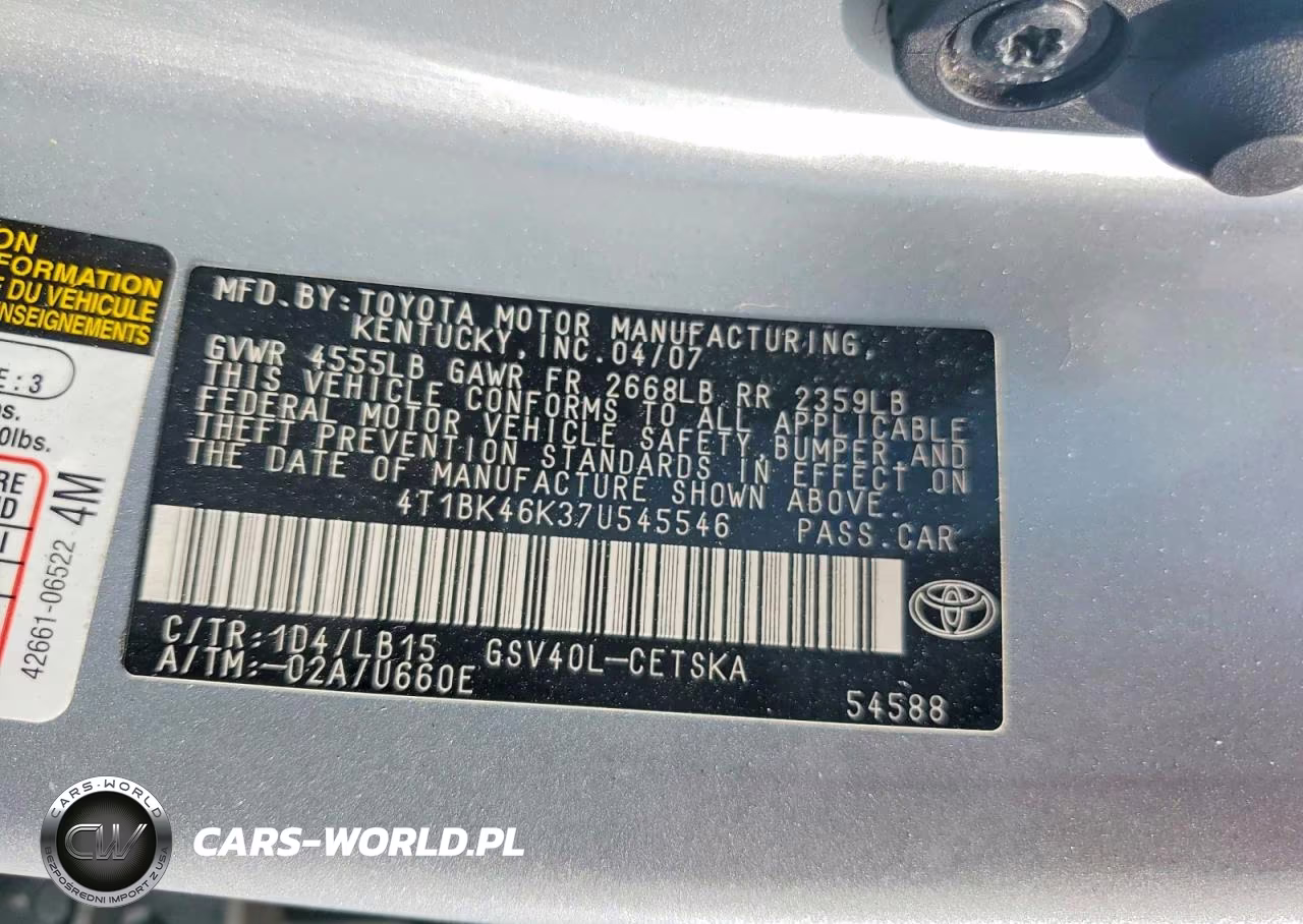 2007 Toyota Camry Se V6 VIN:4T1BK46K37U545546 - 12