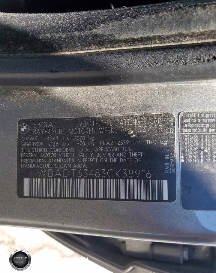 2003 BMW 530 I Automatic VIN:WBADT63483CK38916 - 12