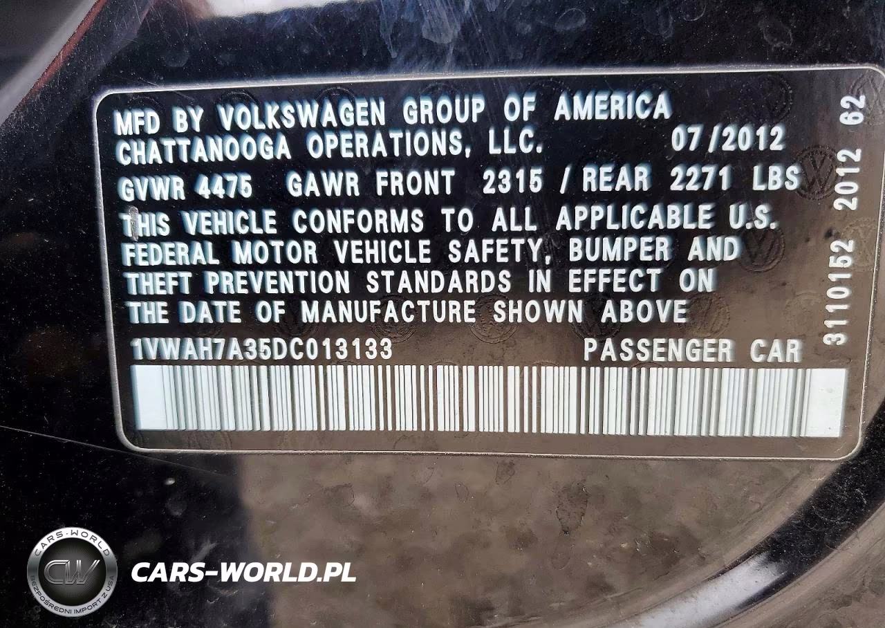 2013 Volkswagen Passat S VIN:1VWAH7A35DC013133 - 12