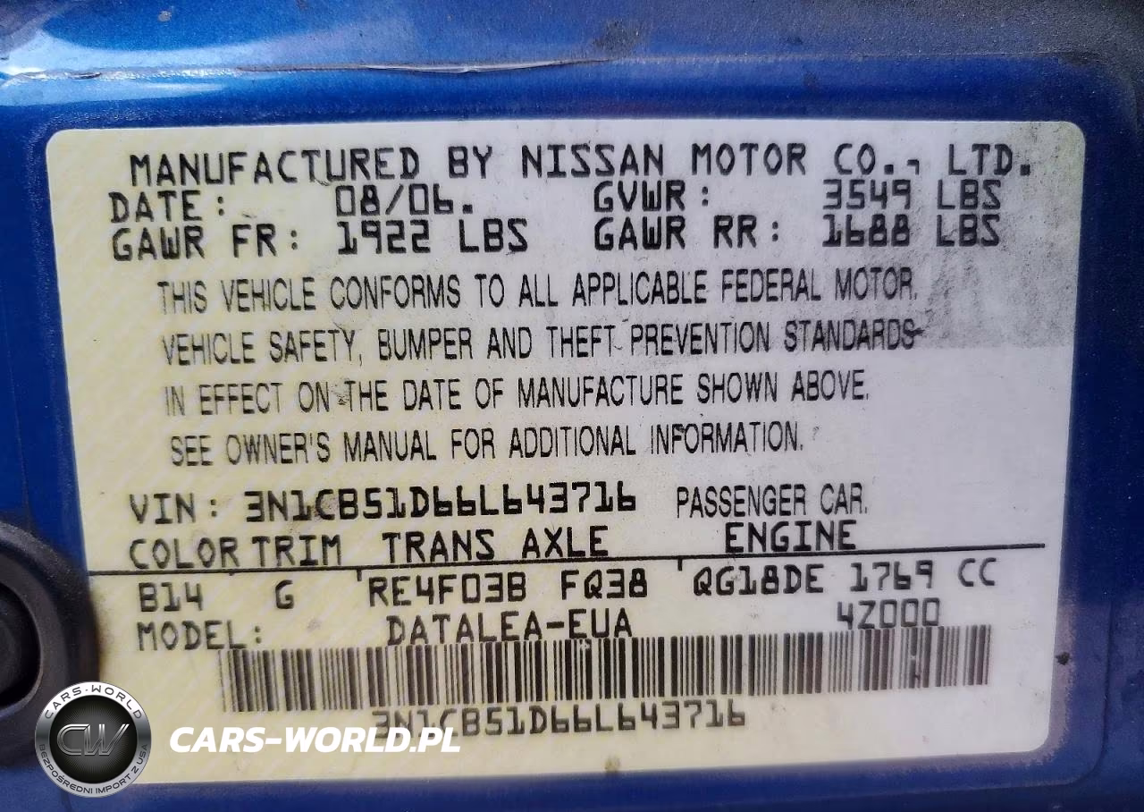 2006 Nissan Sentra 1.8 VIN:3N1CB51D66L643716 - 13