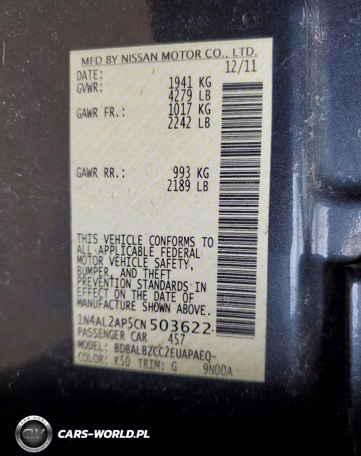2012 Nissan Altima 2.5 VIN:1N4AL2AP5CN503622 - 12
