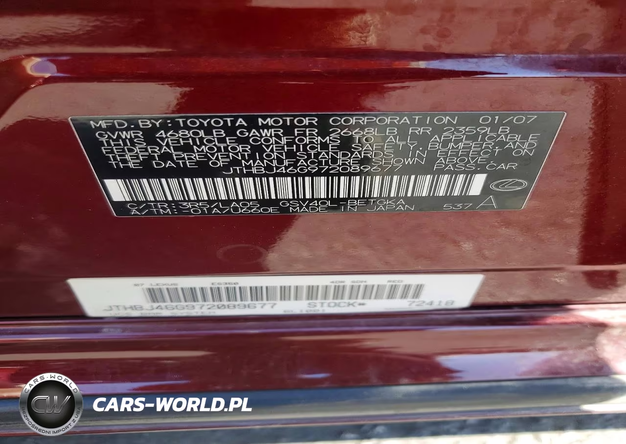 2007 Lexus Es 350 VIN:JTHBJ46G972089677 - 12