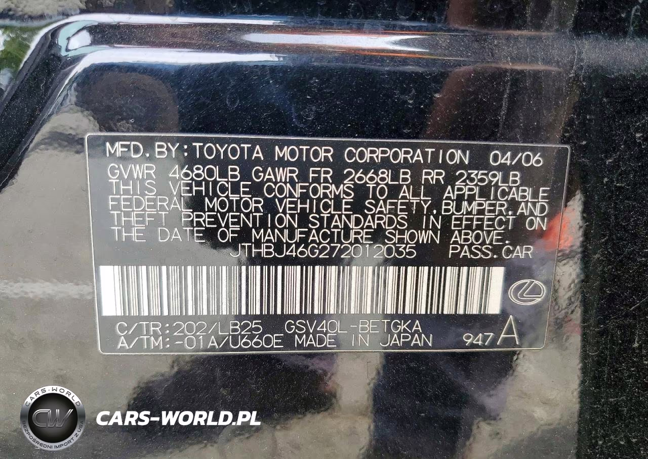 2007 Lexus Es 350 VIN:JTHBJ46G272012035 - 12