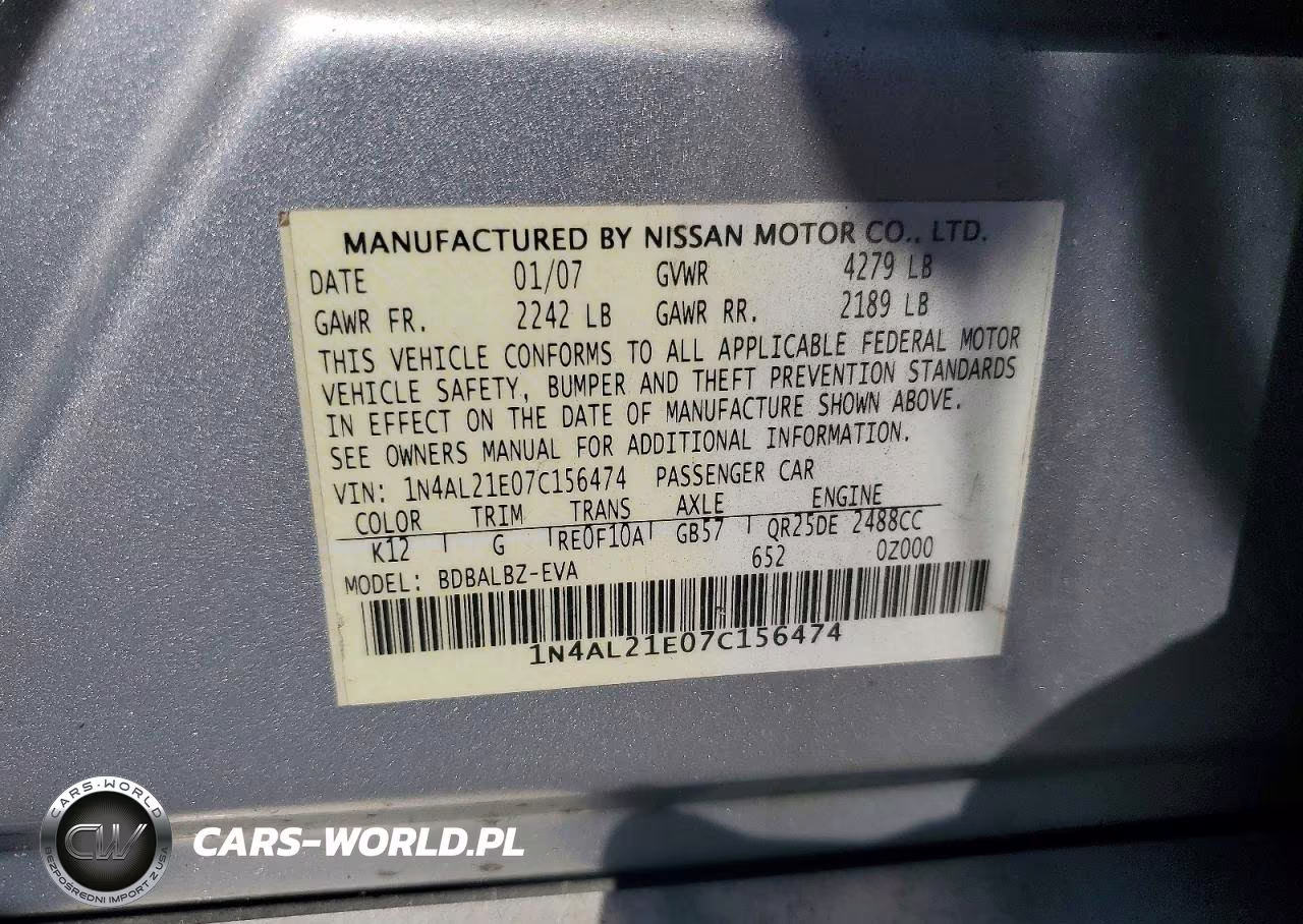 2007 Nissan Altima 2.5 VIN:1N4AL21E07C156474 - 12
