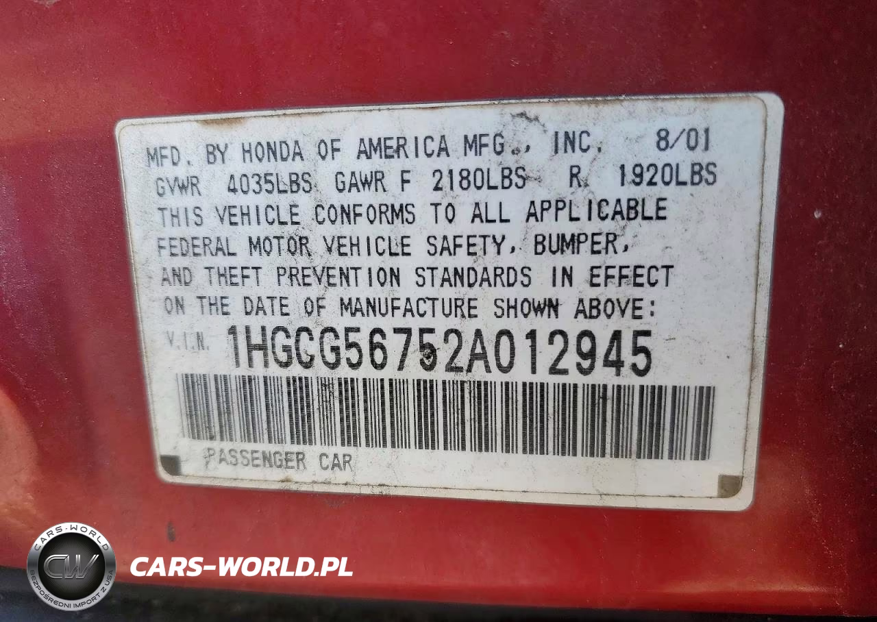 2002 Honda Accord Se VIN:1HGCG56752A012945 - 12