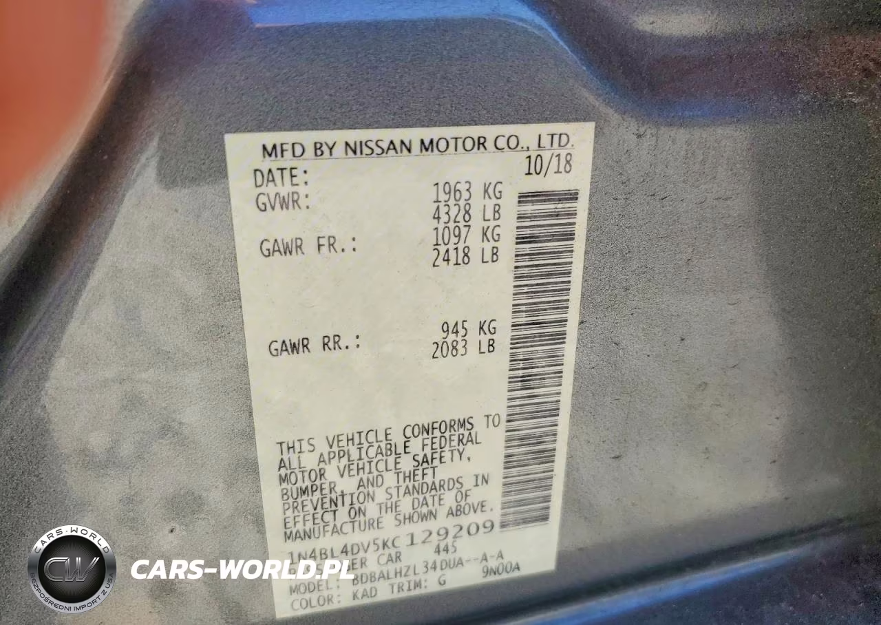 2019 Nissan Altima Sv VIN:1N4BL4DV5KC129209 - 12