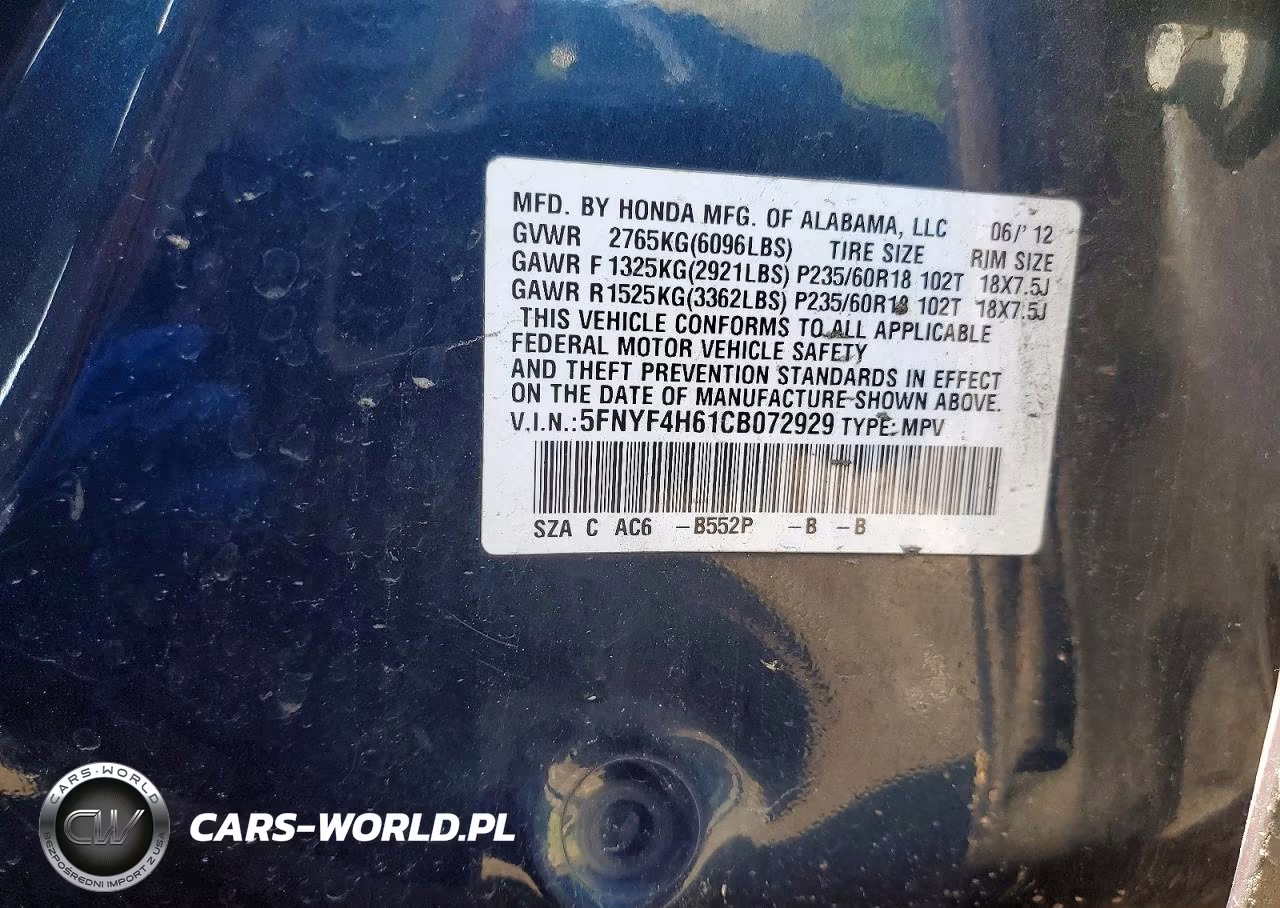 2012 Honda Pilot Exl VIN:5FNYF4H61CB072929 - 13