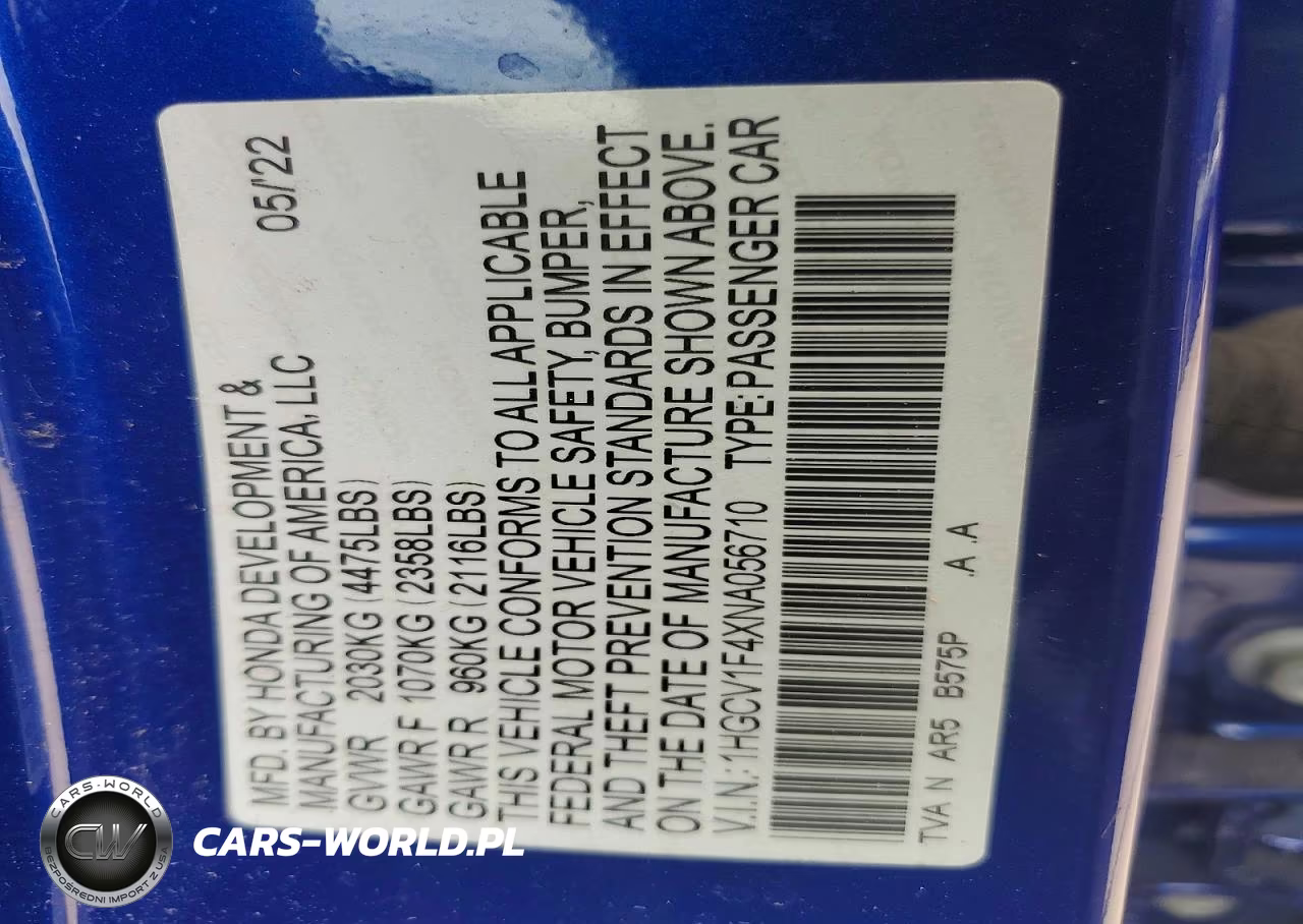 2022 Honda Accord Sport Se VIN:1HGCV1F4XNA056710 - 12