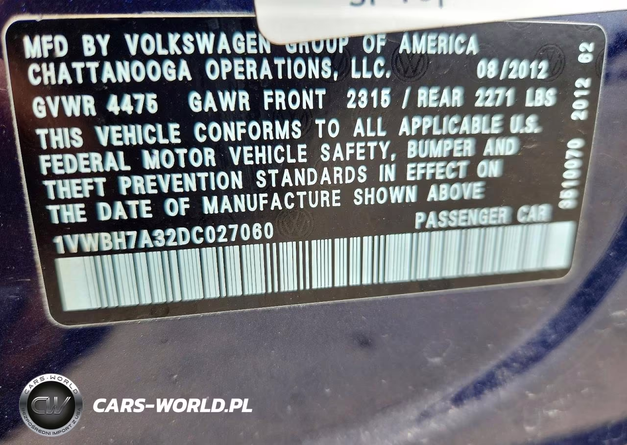 2013 Volkswagen Passat Se VIN:1VWBH7A32DC027060 - 12