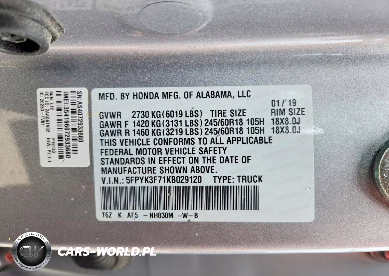 2019 Honda Ridgeline Rtl VIN:5FPYK3F71KB029120 - 12