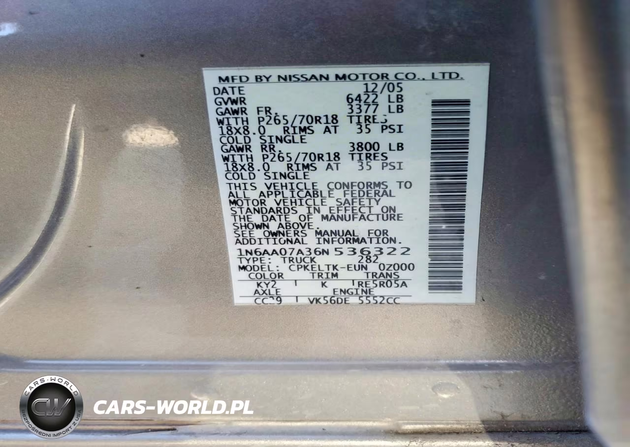 2006 Nissan Titan Xe VIN:1N6AA07A36N536322 - 12
