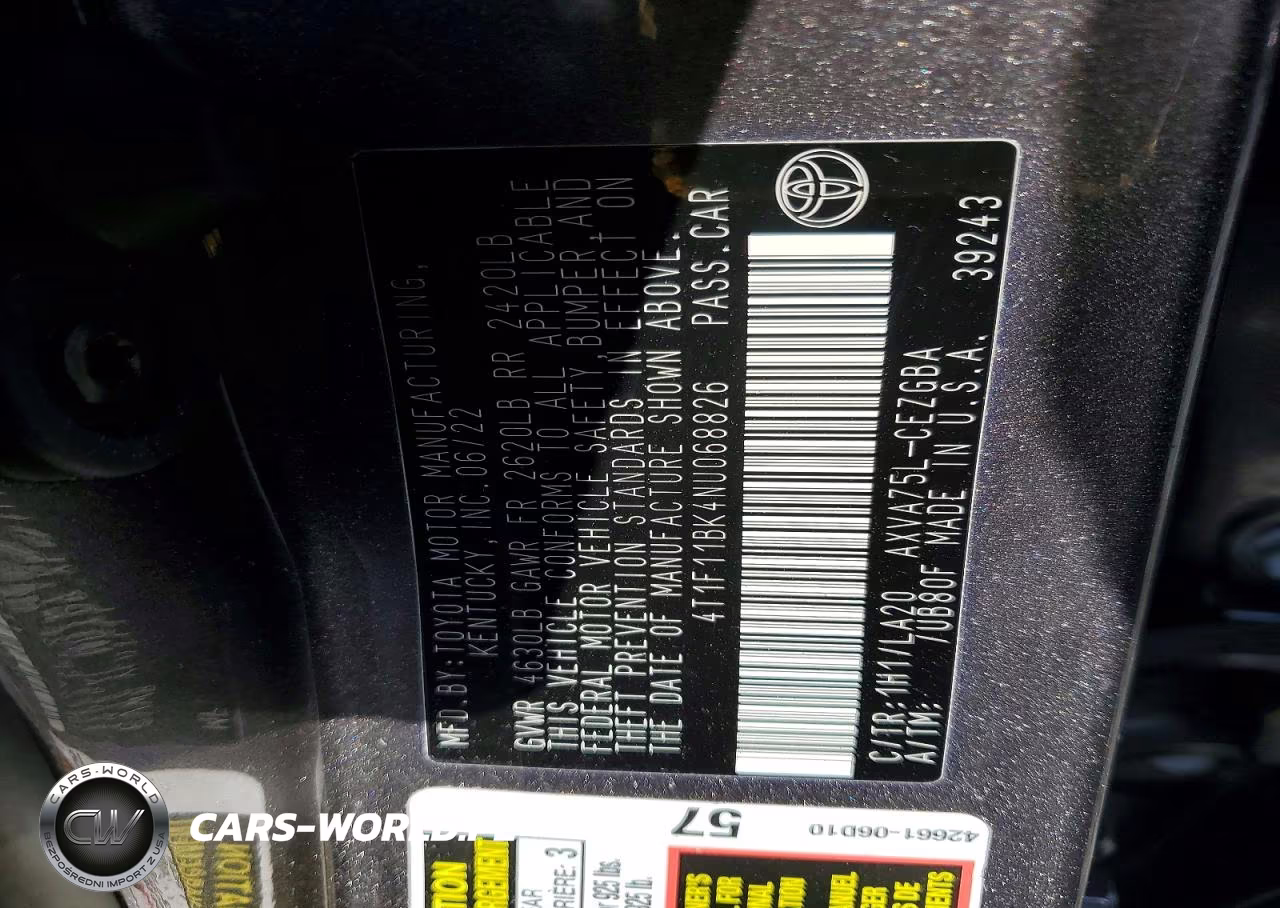 2022 Toyota Camry Xle VIN:4T1F11BK4NU068826 - 12