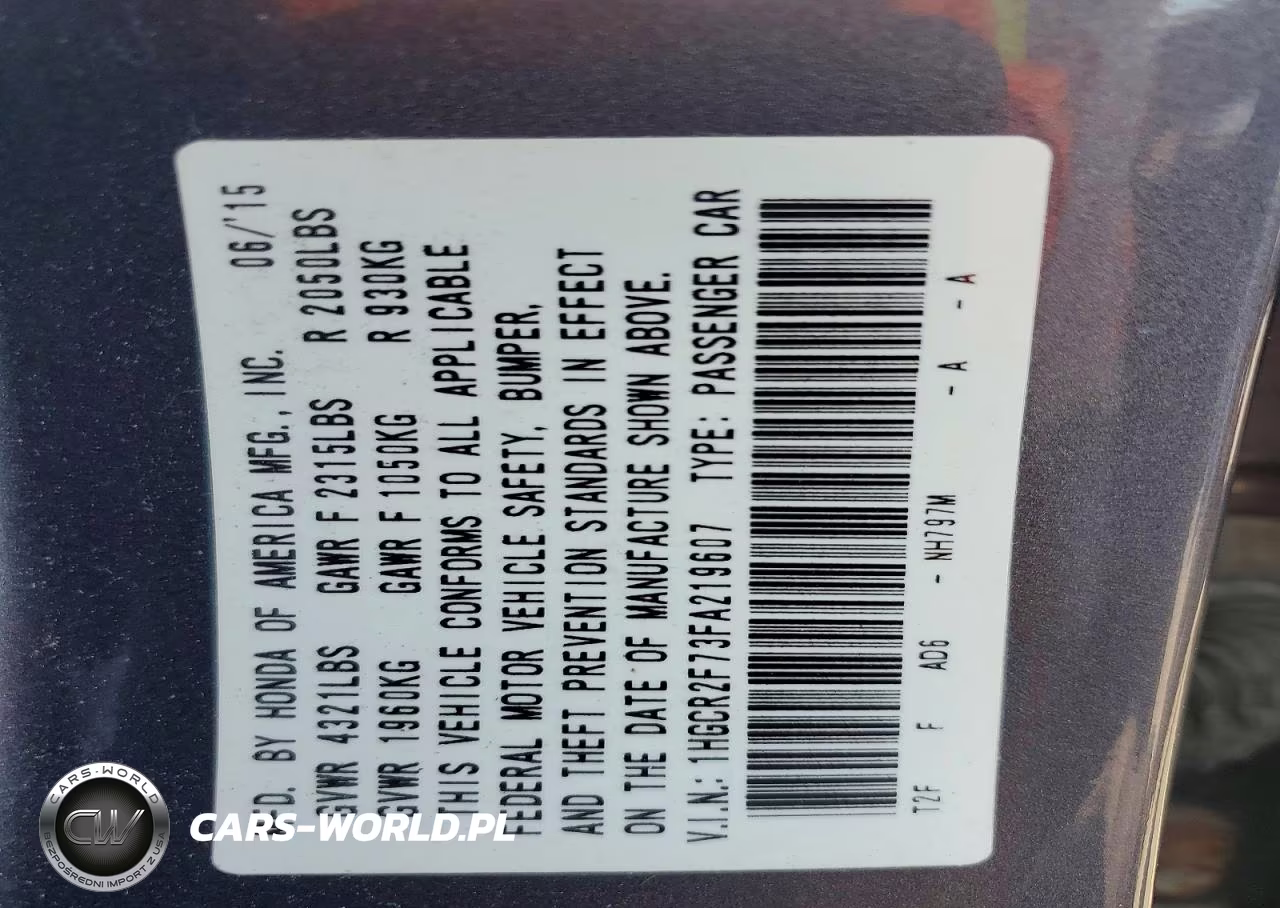 2015 Honda Accord Ex VIN:1HGCR2F73FA219607 - 12