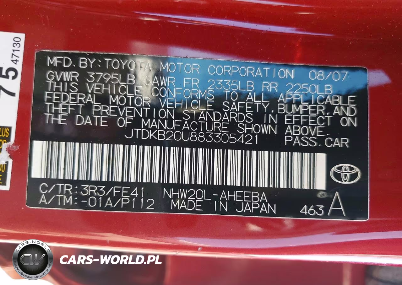 2008 Toyota Prius Base VIN:JTDKB20U883305421 - 12