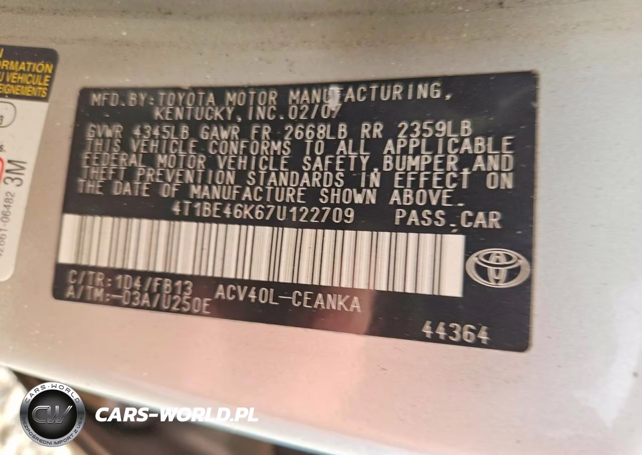 2007 Toyota Camry Le VIN:4T1BE46K67U122709 - 12