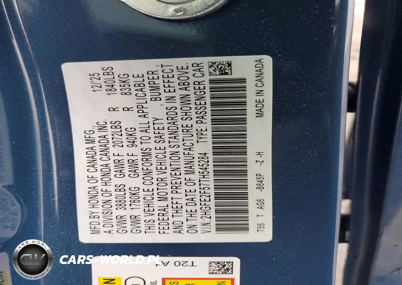 2026 Honda Civic Sport VIN:2HGFE2F57TH545284 - 12