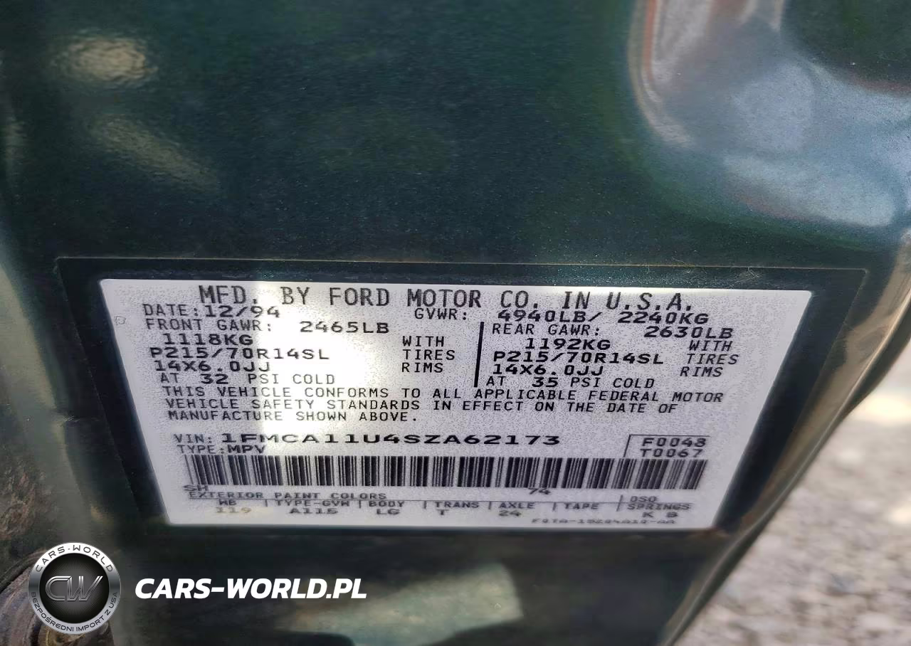 1995 Ford Aerostar VIN:1FMCA11U4SZA62173 - 13