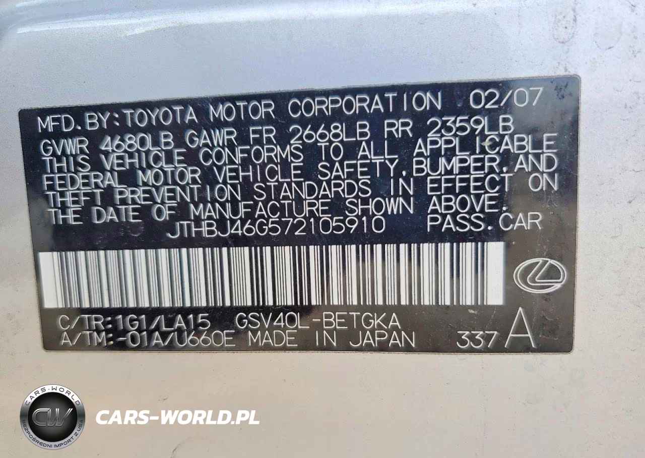 2007 Lexus Es 350 VIN:JTHBJ46G572105910 - 12