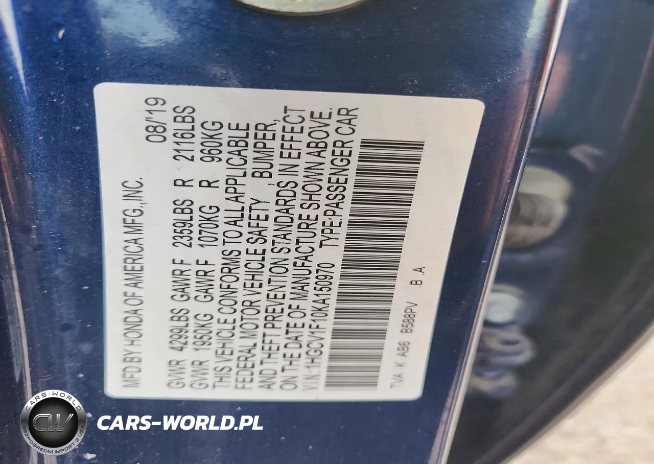 2019 Honda Accord Lx VIN:1HGCV1F10KA150970 - 12