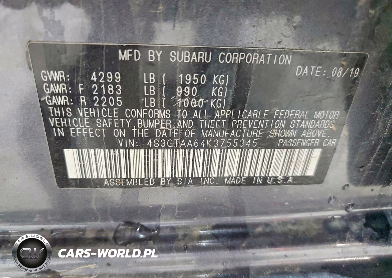 2019 Subaru Impreza VIN:4S3GTAA64K3755345 - 12