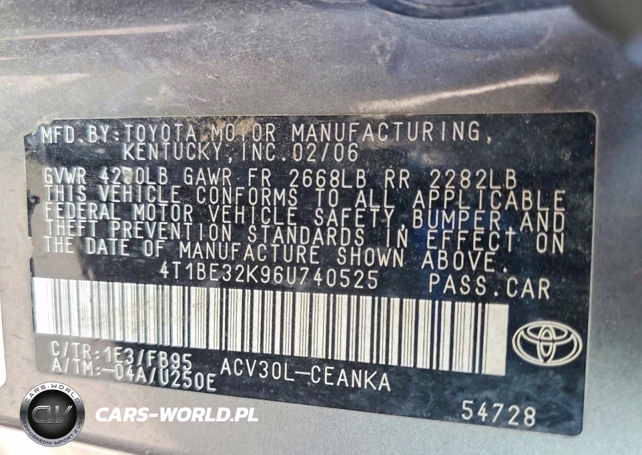 2006 Toyota Camry VIN:4T1BE32K96U740525 - 12