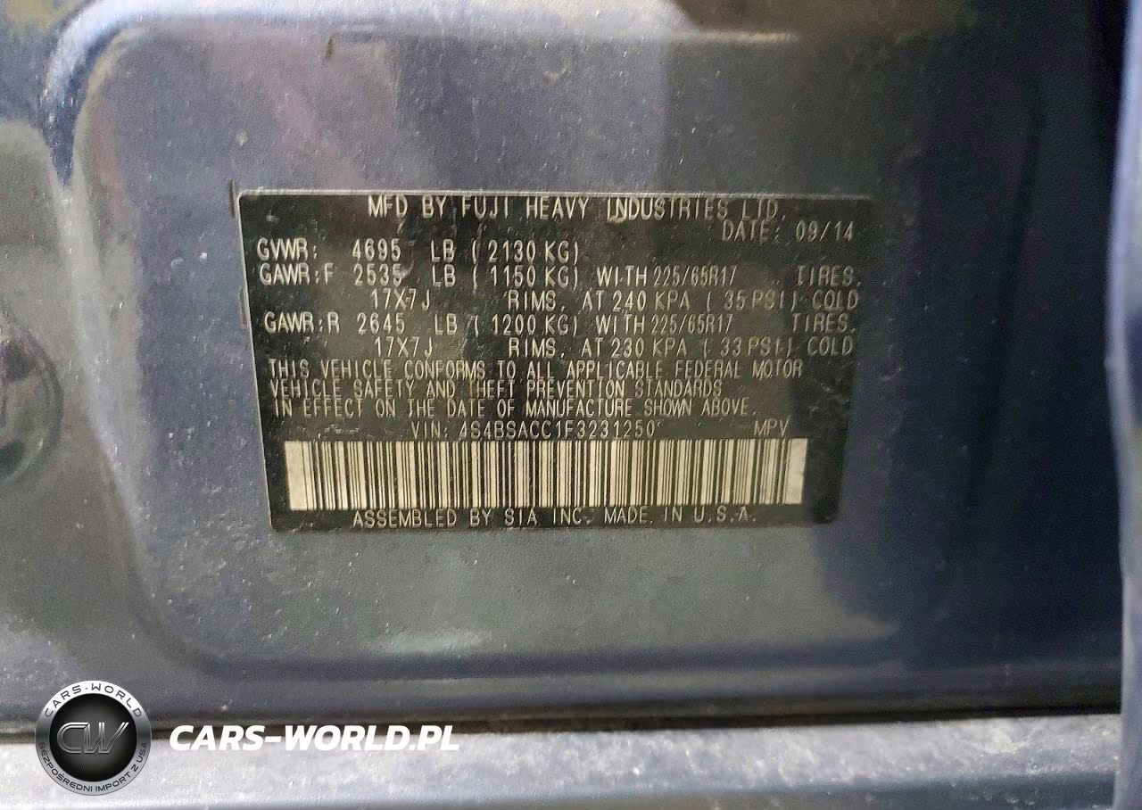2015 Subaru Outback 2.5I Premium VIN:4S4BSACC1F3231250 - 13