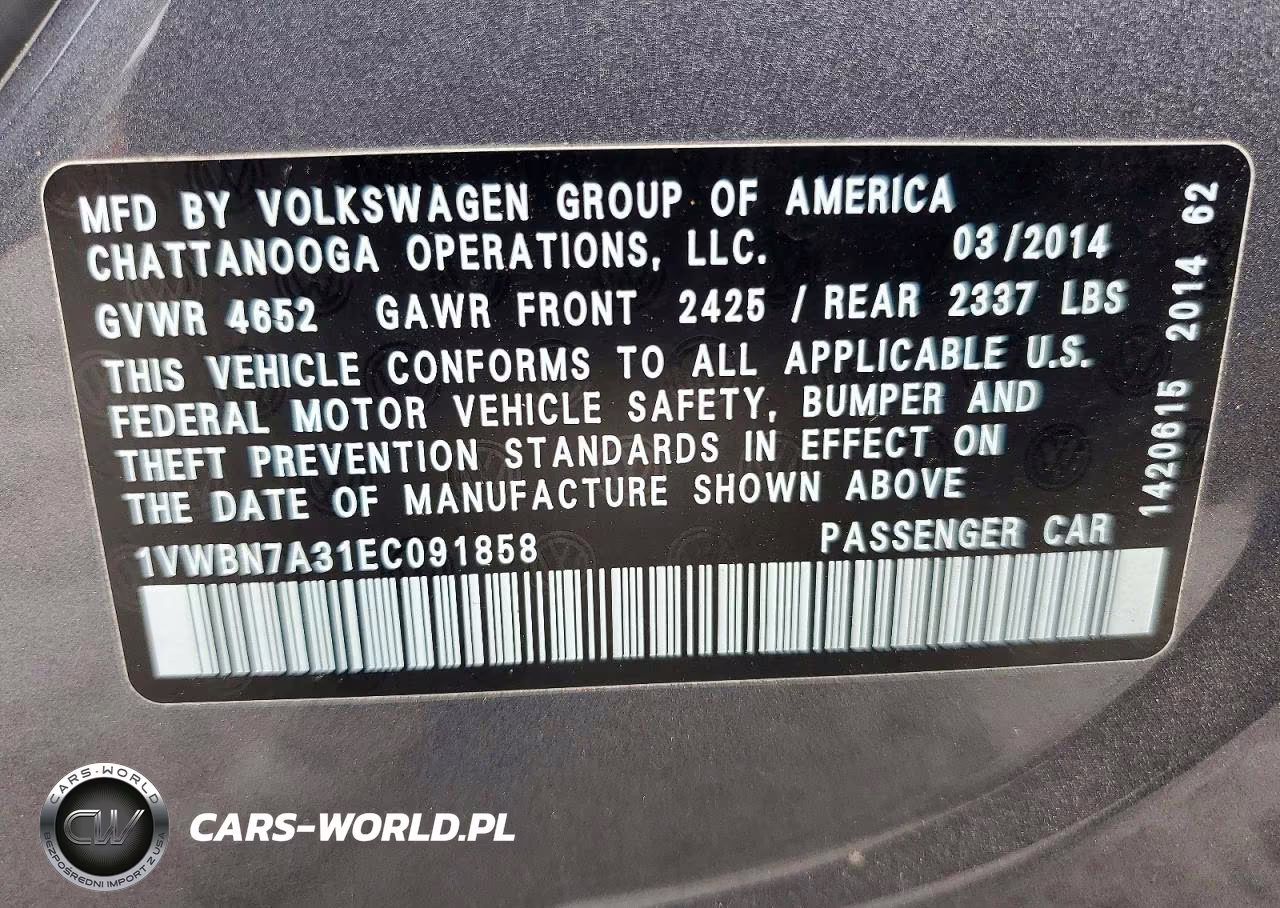 2014 Volkswagen Passat 2.0L Tdi Se VIN:1VWBN7A31EC091858 - 12