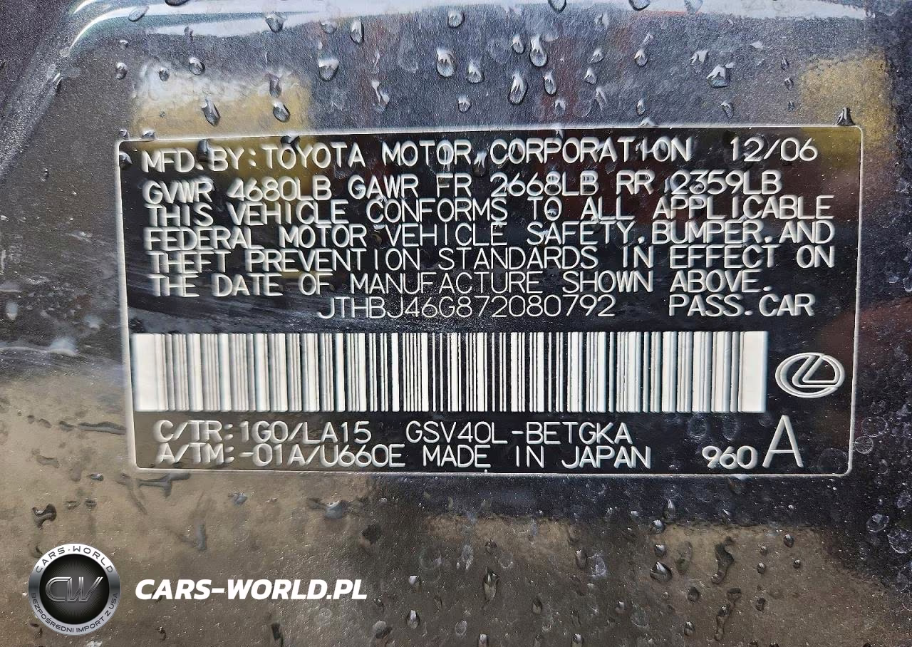 2007 Lexus Es 350 VIN:JTHBJ46G872080792 - 12