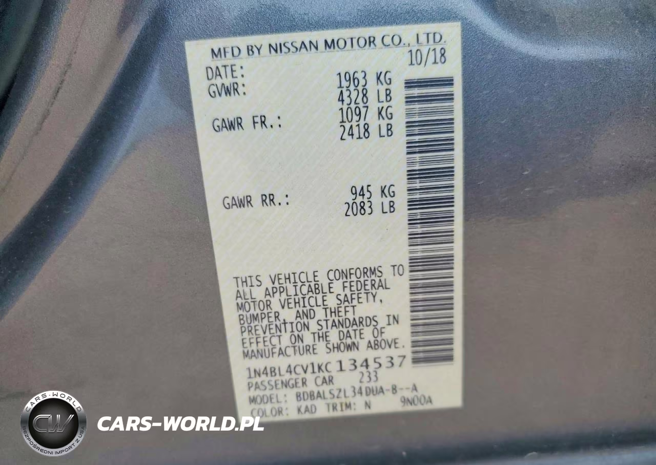 2019 Nissan Altima Sr VIN:1N4BL4CV1KC134537 - 12