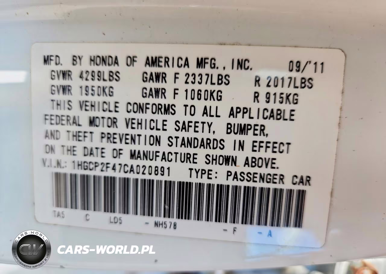 2012 Honda Accord Lxp VIN:1HGCP2F47CA020891 - 12