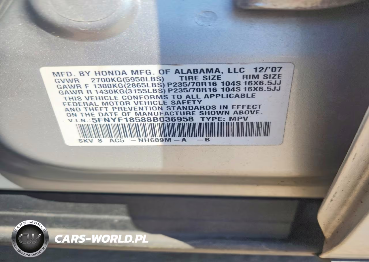 2008 Honda Pilot Exl VIN:5FNYF18588B036958 - 13