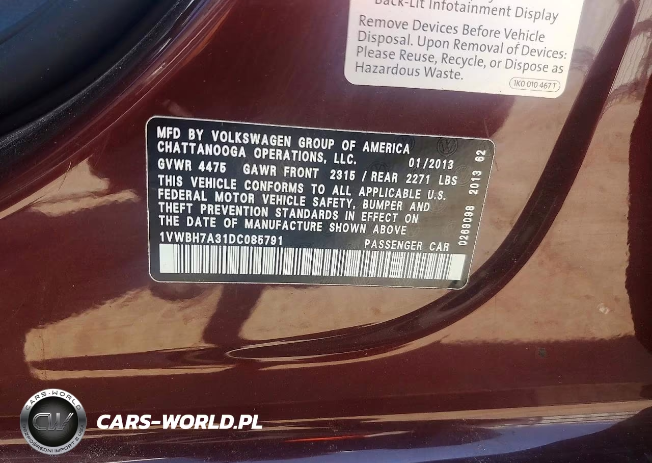 2013 Volkswagen Passat Se VIN:1VWBH7A31DC085791 - 12