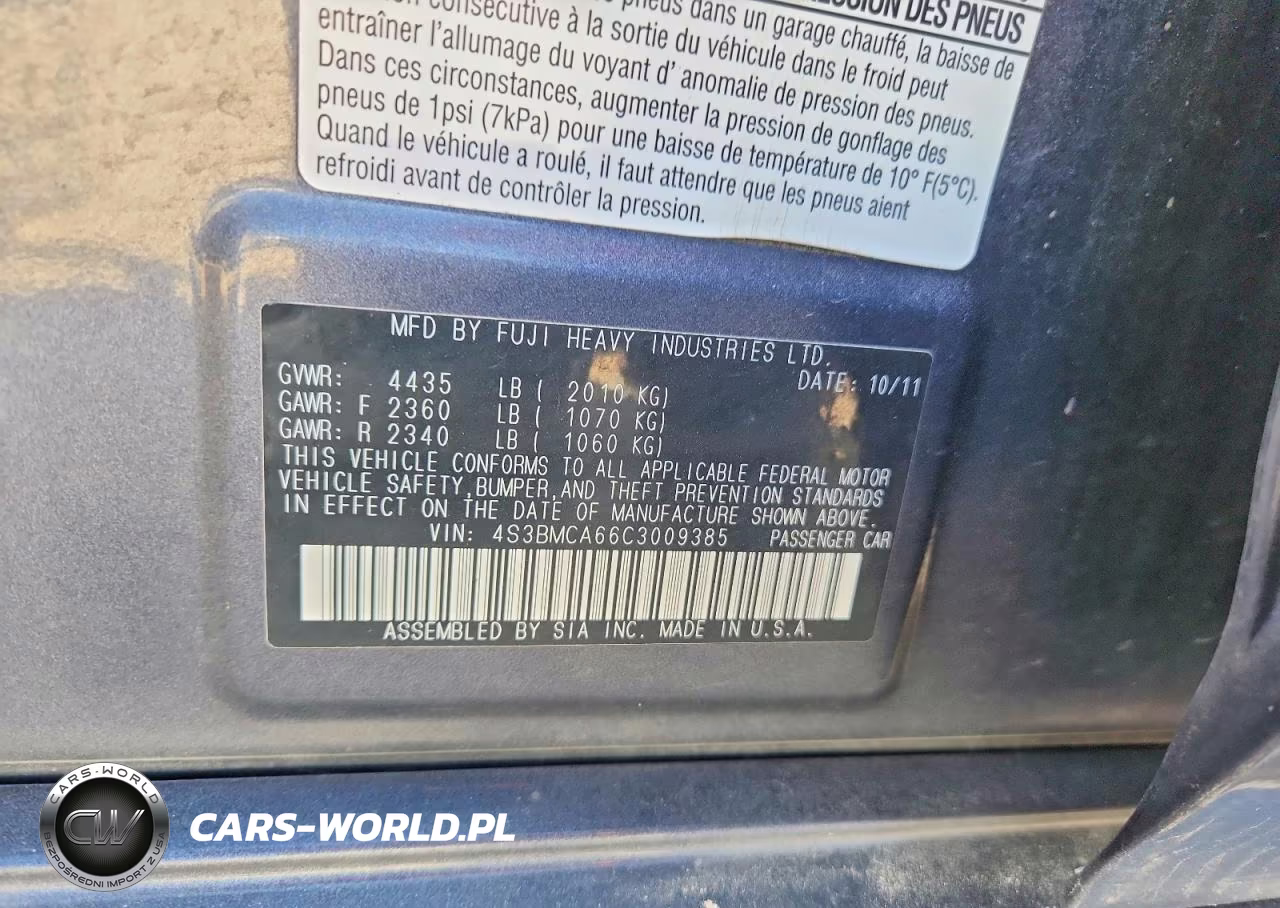 2012 Subaru Legacy 2.5I VIN:4S3BMCA66C3009385 - 12